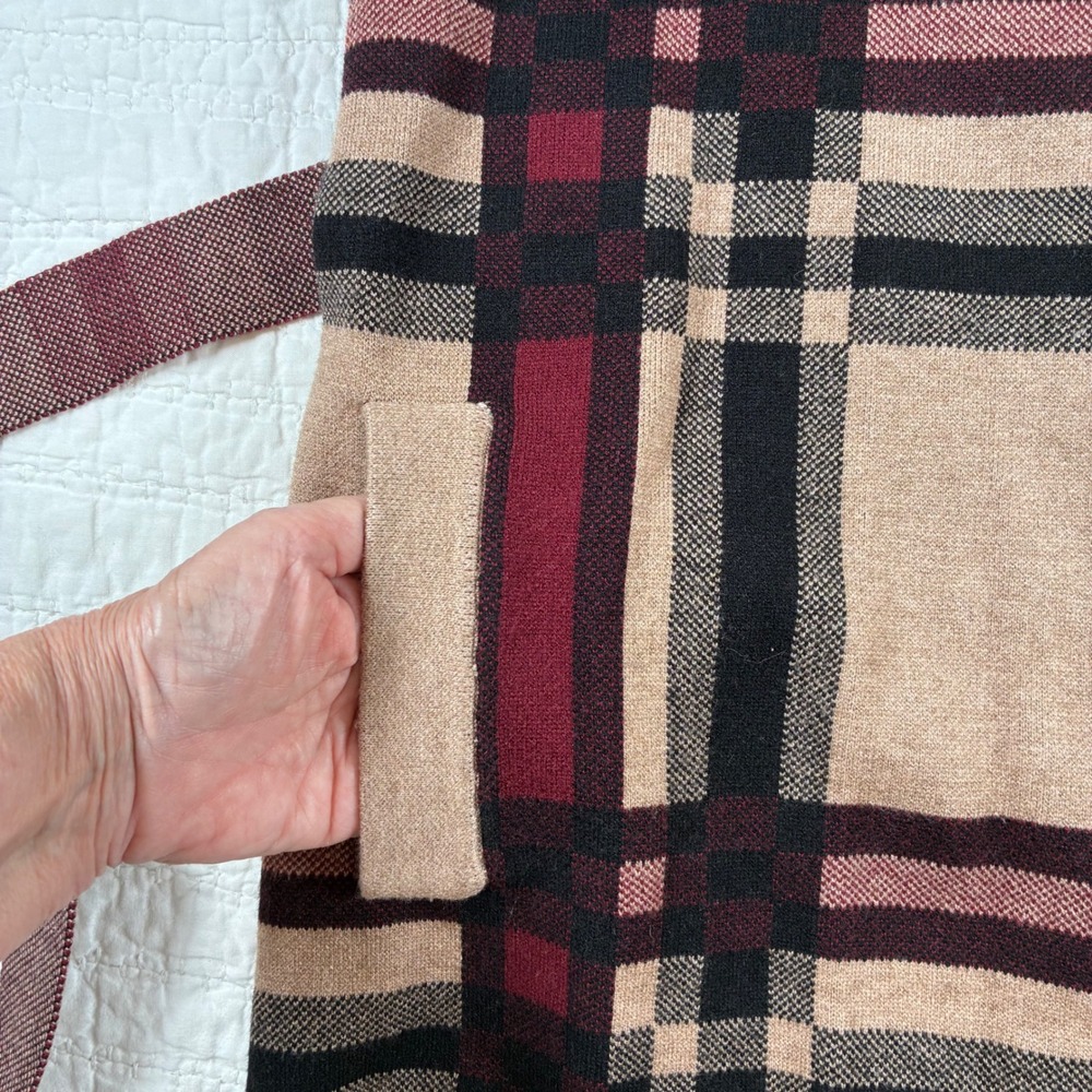 NWT Christian Siriano Hooded Cardigan L Tan Plaid Belted Knit Sweater Jacket - Picture 5 of 9